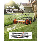 18in Manual Push Reel Lawn Mower 5 Blade with Adjustable Height Grass Catcher and 4 Wheels